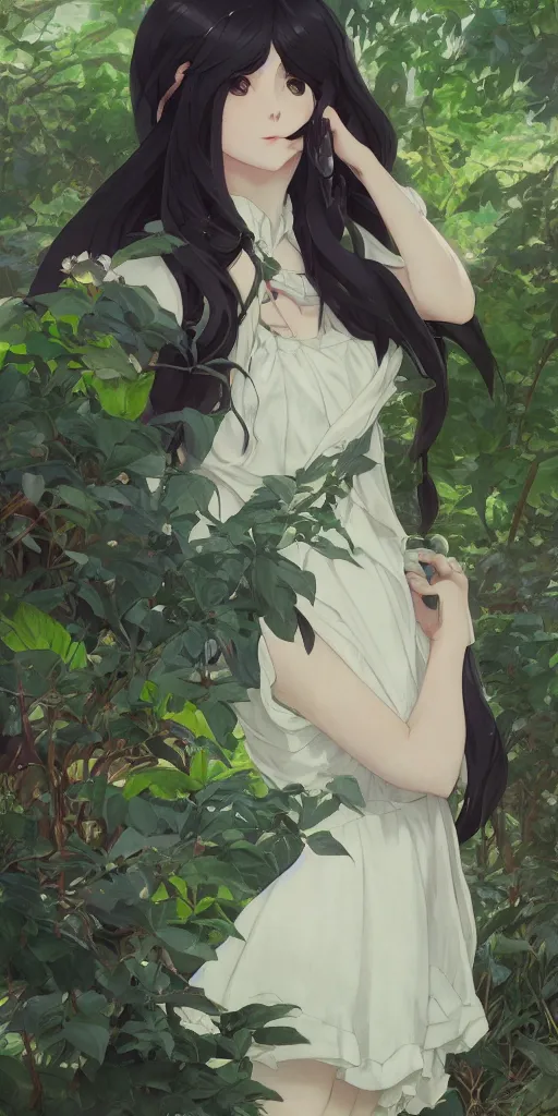 Prompt: a loli with long hair in a black dress in the privet garden at after noon, green and warm theme, back lighting, by krenz cushart and mucha and akihito yoshida and greg rutkowski and makoto shinkai, extremely long shot, detailed eyes, 4 k resolution, highly detailed, trending on art station