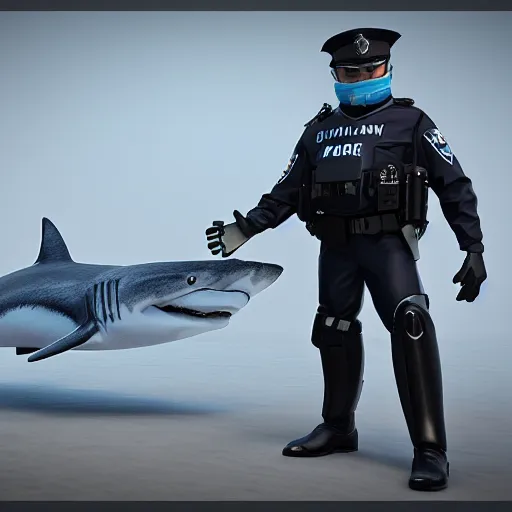 Prompt: humanoid shark police officer, octane render, 8 k resolution