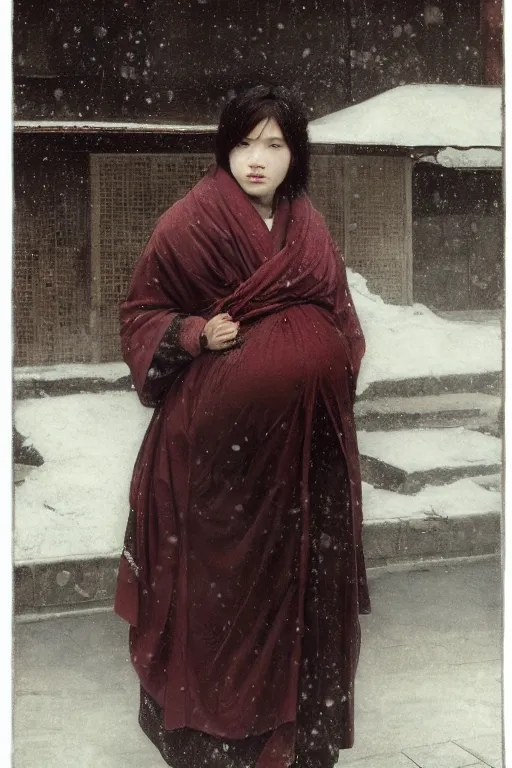 Image similar to Full-length portrait of a pregnant man on the streets of Tokyo, historically reliable photo chronicle, winter, 1975, ultra detailed digital art, octane render, 4K, by John William Waterhouse and Edwin Longsden Long and Theodore Ralli and Nasreddine Dinet