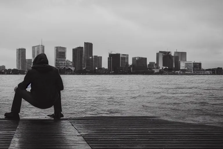 Prompt: A man sitting on a jetty, city in the background, cinematic lighting