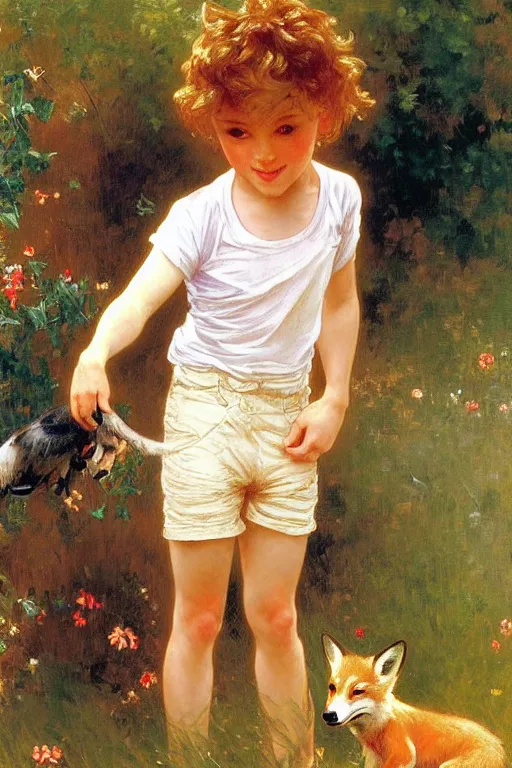 Image similar to a seven - year old with curly dirty blonde hair, blue eyes, tan skin a tee shirt and shorts, playing with foxes, painting by daniel gerhartz, alphonse mucha, bouguereau, detailed art, artstation