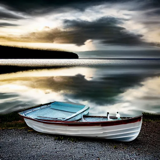 Prompt: realistic photo of flat broken mirrors stretching to the horizon, a small boat on the mirrors by albert dros