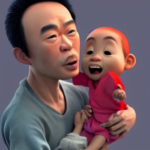 Image similar to shocked asian man holding african - american baby at hospital, he can't believe his eyes, award winning art, pixar, 3 d render, artstation