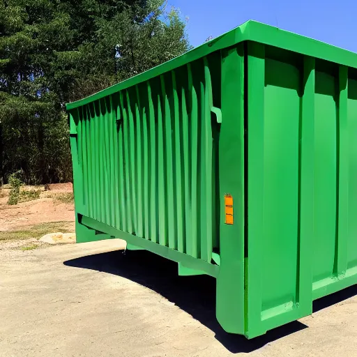 Image similar to gigantic 3 0 foot long rectangular green contractor dumpster side view, wide shot