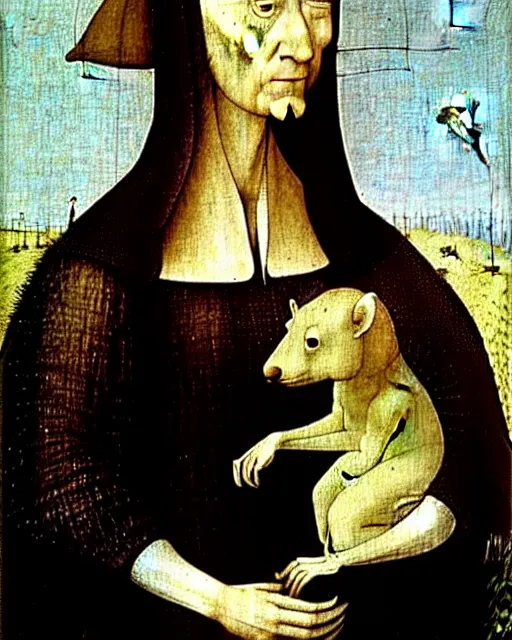 Image similar to Lady with an Ermine by Leonardo painting by Hieronymus Bosch