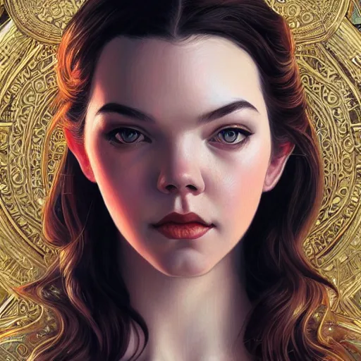 Prompt: Adult Anya Taylor-Joy, intricate, elegant, highly detailed, centered, digital painting, artstation, concept art, smooth, sharp focus, illustration, art by artgerm and donato giancola and Joseph Christian Leyendecker, Ross Tran, WLOP