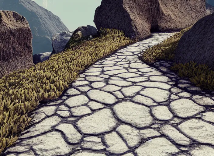 Image similar to pathway between mountains, rocks unreal engine render