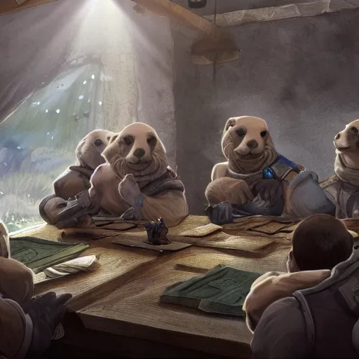 Prompt: a group of seals pups sitting around a table, playing dnd, cinematic lighting, trending on artstation, focused, detailed