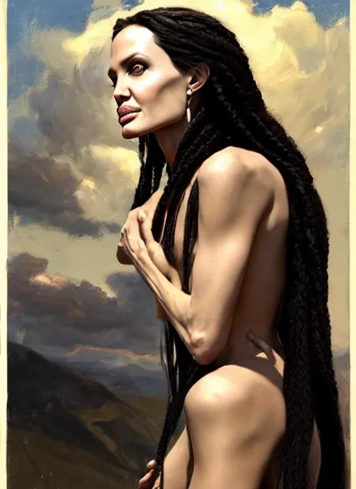 Prompt: angelina jolie appearance with black braided hair as a greek goddess, muscular upper body, countryside, calm, fantasy character portrait, dynamic pose, above view, sunny day, thunder clouds in the sky, artwork by jeremy lipkin and giuseppe dangelico pino very coherent asymmetrical artwork, sharp edges, perfect face, simple form, 1 0 0 mm