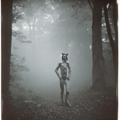 Prompt: old polaroid from 1 9 5 2 depicting a satyr, in a forest, in the morning, fog