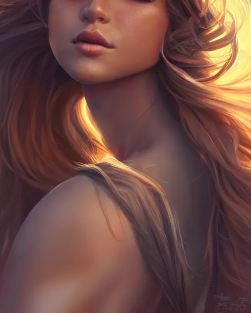 Image similar to summer vibes, beautiful sun tanned goddess portrait, flowy sunkissed hair, sun, summer, cinematic lighting, highly detailed, digital painting, trending on artstation, pixiv, concept art, sharp focus, illustration, art by ross tran and wlop