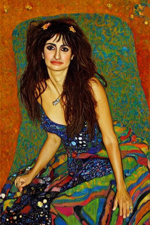 Image similar to oil painting, portrait of penelope cruz, artwork by gustav klimt