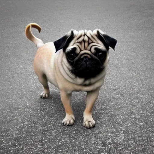 Prompt: a pug with human legs, chimaera, photo