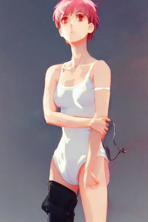 Image similar to a beautiful boyish natalie portman gravure model, cute girl with short pink hair, white loose plastic inflatable coat, mechanical arm, black tight pants, trending on pixiv fanbox, painted by greg rutkowski makoto shinkai takashi takeuchi studio ghibli, akihiko yoshida