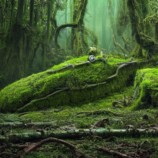 Image similar to A cinematographic 30mm shot of crashed white tesla cars resembling skeletons of whales outgrown by moss, vines and ferns, submerged in a lush and dense forest, dusk light filtering from the trees below. The scene is apocalyptic, eerie but serene, volumetric, 8k, high resolution