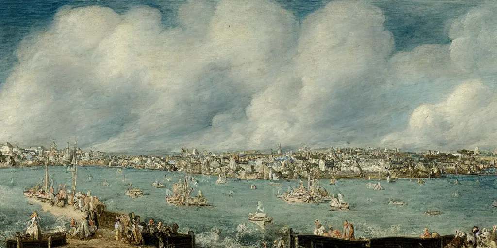 Prompt: a painting of the harbour at St Peter Port, Guernsey, small houses, boats, sea, stormy clouds, by François Boucher, by Antoine Watteau