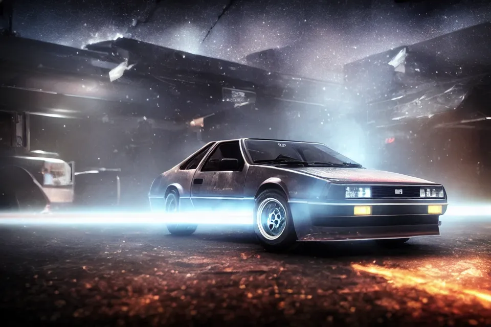 Image similar to ultra realistic toyta trueno ae 8 6 inspired by delorean dmc 5 drifting on ancient space highway wreckage in space, dark cinematic, volumetric, realistic, 3 d render, realistic render, cinematic lighting, volumetric lighting, atmospheric, cinematic, unreal engine 5, unreal engine render, octane render, hd, photorealism, hyper realistic, 8 k