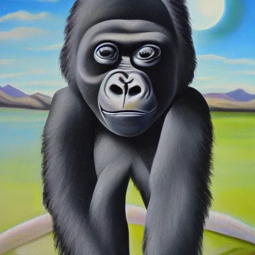 Image similar to haunted surrealist painting of a gorilla, landscape background, oil painting