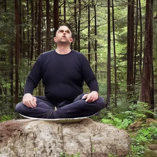 Image similar to chubby Steve Carell meditate in the Forest