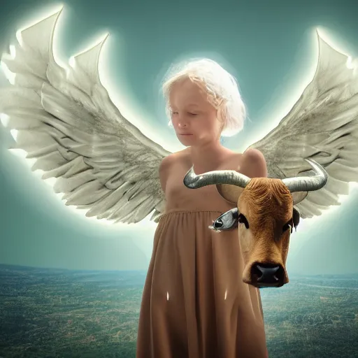 Prompt: photorealistic angel with eyes all over wings and head of a bull