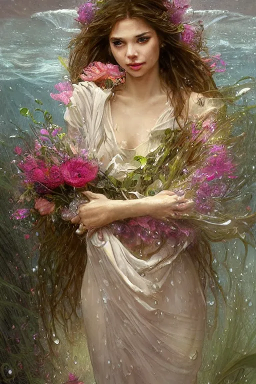 Image similar to portrait of a beautiful mysterious drenched woman holding a bouquet of flowing flowers, drenched clothing, wet dripping long hair, hands hidden under the bouquet, emerging from the water, fantasy, regal, intricate, by stanley artgerm lau, greg rutkowski, thomas kindkade, alphonse mucha, loish, norman rockwell