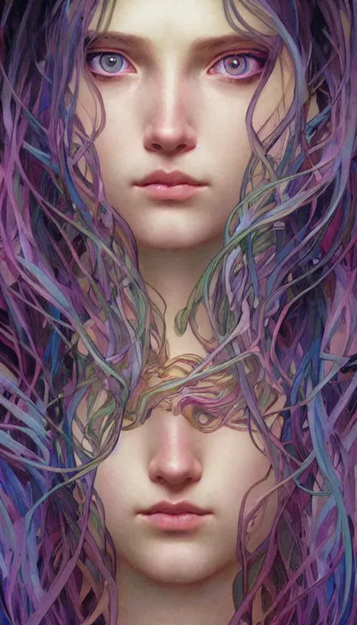 Prompt: portrait of a girl with eyes that contain rainbow galaxies. Her hair is long and white art by artgerm and greg rutkowski and alphonse mucha