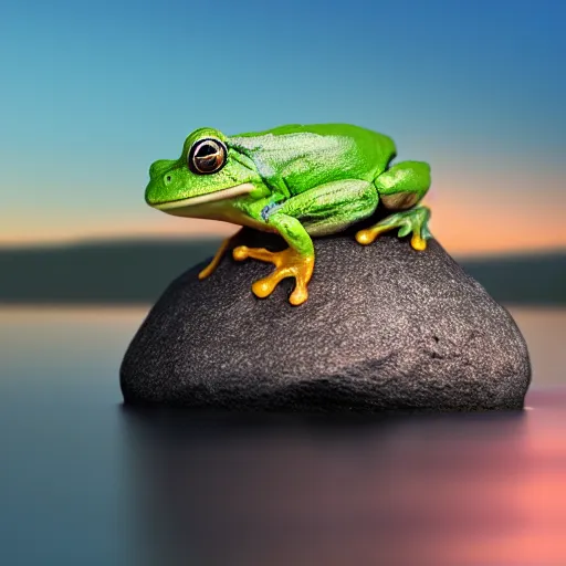 Prompt: a frog on a rock watching the sunset, in a lake, 8k, hyper realistic, insainly detailed, HDR, trend in artstation