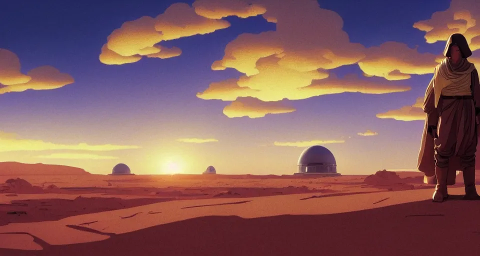 Image similar to beautiful wide shot tatooine landscape, Luke skywalker sunset, Star Wars a new hope 1977, studio ghibli, Miyazaki, Greg rutkowski, Alphonse mucha, Moebius, golden hour, tiny! domes, highly detailed, hdr, vivid color, 70mm