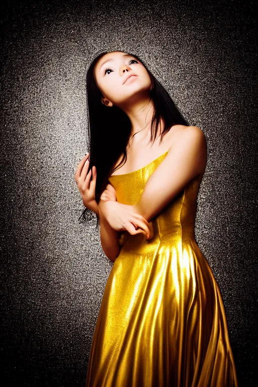 Prompt: lifestyle portrait of a girl in a golden dress with over a black background, photography, smooth, sharp focus, turning head