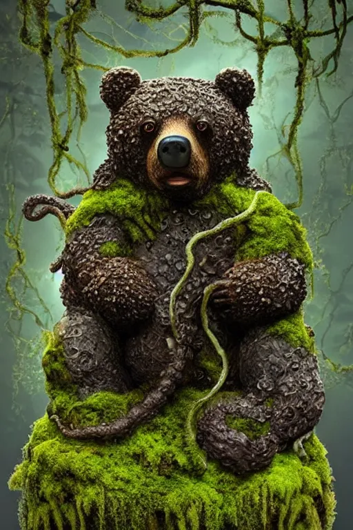 Prompt: surreal, covered with moss and vines stone statue of a bear!! with octopus!!! tentacles!, covered with moss and small flowers, in the old garden!!, trees and plants, concept art, highly detailed, sharp focus, masterpiece, radiant light, 3 d render, digital art, zbrush, blender, by artgerm, by kinkade