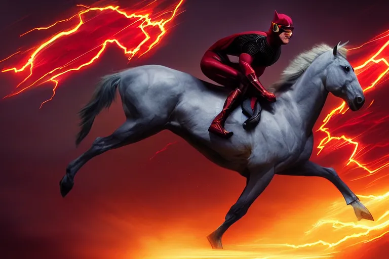 Prompt: a stunning digital painting of a horse as the flash in spandex costume, running in the speedforce by greg rutkowski, volumetric light, digital art, fine detail, photorealistic