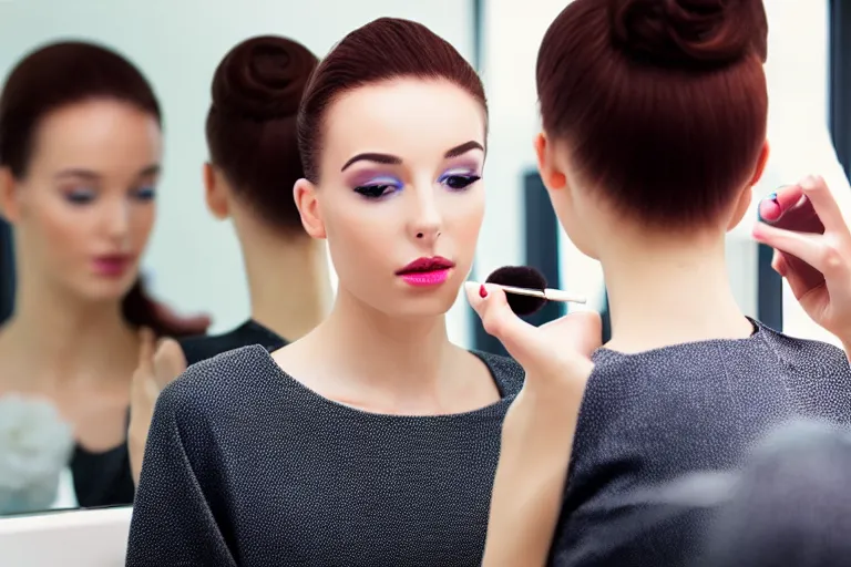 Image similar to beautiful female android, putting on makeup in front of a mirror, bathroom environment