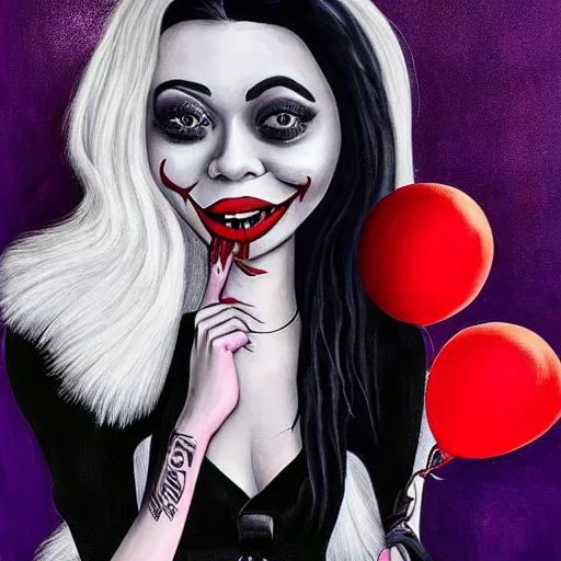 Image similar to grunge cartoon painting of kylie jenner with a wide smile and a red balloon by chris leib, loony toons style, pennywise style, corpse bride style, horror theme, detailed, elegant, intricate