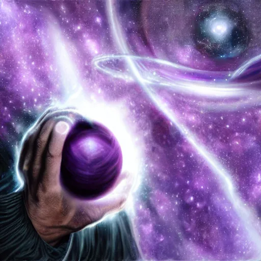 Prompt: detailed realistic painting of a man with well defined muscles made of purple space dust wielding a dark purple cosmic orb in each hand, planetary rings orbit his wrists and he has long flowing purple hair obscuring his face made of deep purple stardust, bright white lens flare peeking through his hair where his eye would be, staring at viewer
