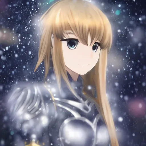 Image similar to portrait focus of beautiful 3 d anime girl as a saint seiya knight!! silver frozen ice armor wearing!! dark forest background snowing, bokeh, inspired by masami kurum