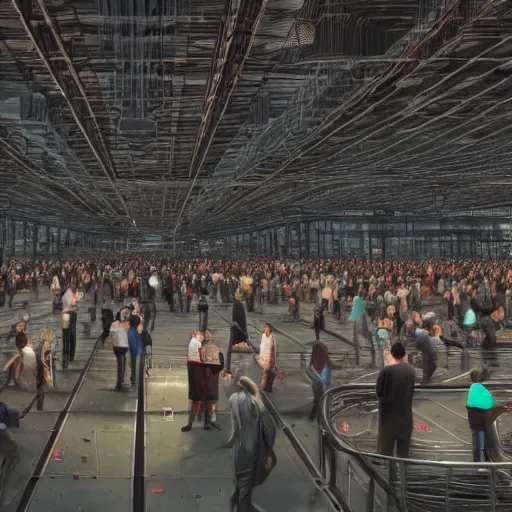 Image similar to large group people in a huge warehouse, looking at a tabletop futuristic city hologram | cinematic concept art | godrays | 4 k | clear details | tabletop | tabletop | hologram foreground