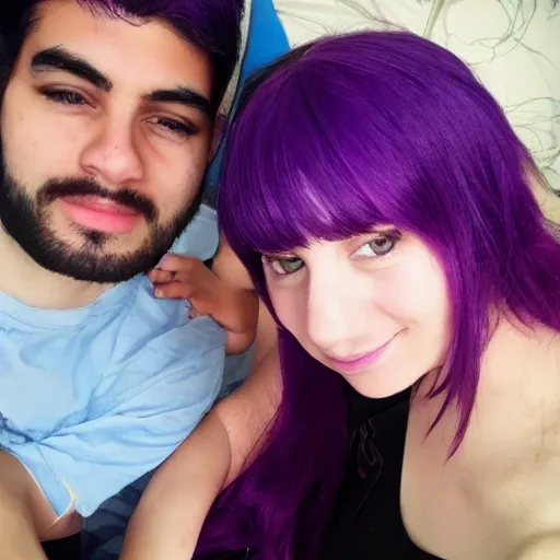 Prompt: my friend milan with a girl who has purple hair and plays video games, high details, fine face