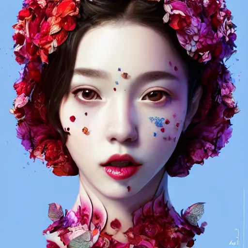 Prompt: the face of absurdly beautiful, graceful, elegant, sophisticated, sensual young gravure idol made of strawberries and petals with tears, an ultrafine hyperrealistic illustration by kim jung gi, irakli nadar, varied colors, intricate linework, bright colors, octopath traveler, final fantasy, unreal engine highly rendered, global illumination, radiant light, intricate environment