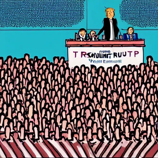 Image similar to enoumous crowd of millions of people, everyone is laughing and pointing at an donald trump on a podium with no pants. low - fi cartoon.