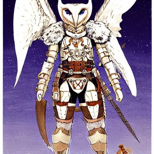 Prompt: barn owl warrior wearing an armor,small horns like a crown in the head, by Takeshi Obata