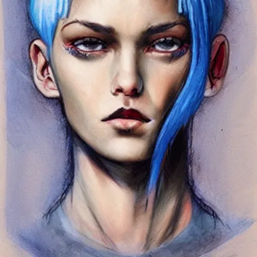 Prompt: intricate portrait, pure skin, short blue hair, enki bilal!