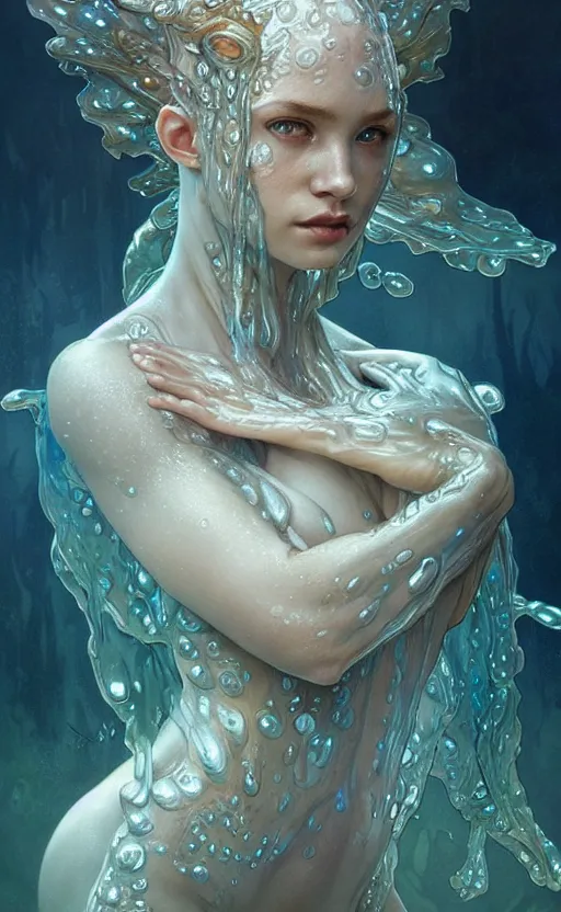 Image similar to portrait of a water creature, a humanoid with translucent skin, made of pure water, concept art, deep focus, fantasy, intricate, highly detailed, digital painting, artstation, matte, sharp focus, illustration, art by artgerm and greg rutkowski and alphonse mucha