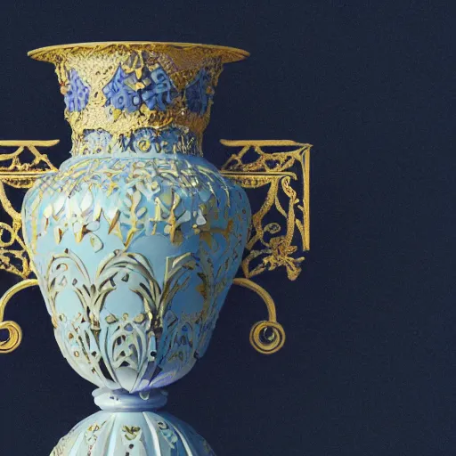 Image similar to An ornate baroque vase, violet, cerulean, sky blue, gold, silver, white black, volumetric dust rays, intricate detail, ultra realistic, cinematic lighting, moody, wet, shiny, octane render, art gallery