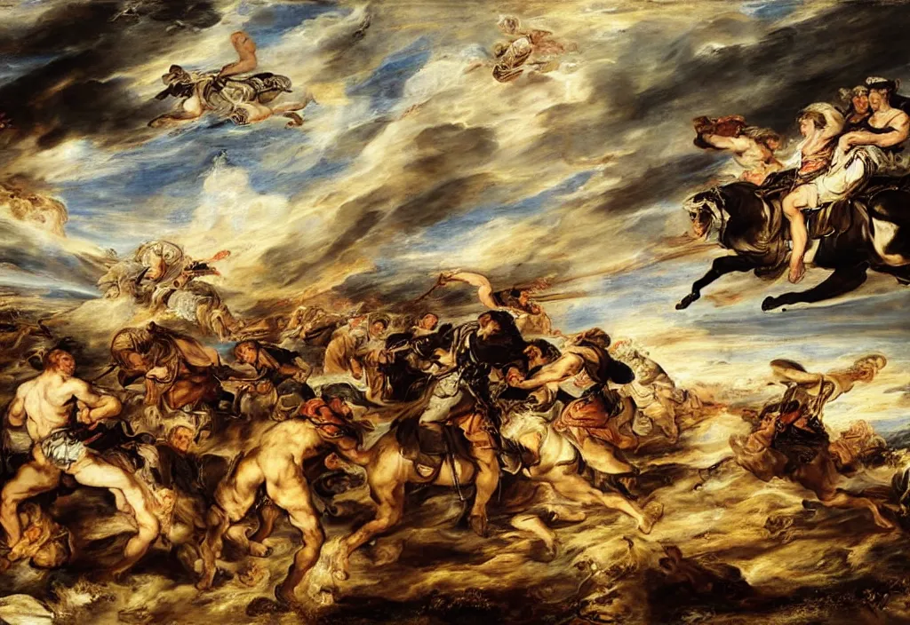 Prompt: afghanistan war by peter paul rubens, desert, battlefield, bombs