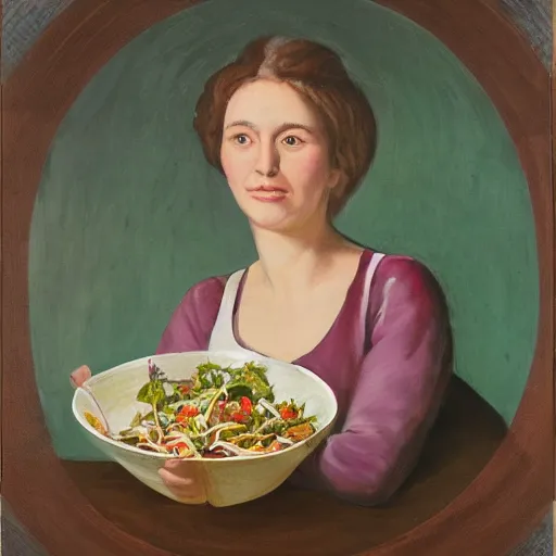 Prompt: female portrait, with a bowl of salad
