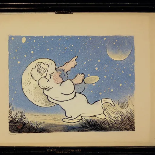 Image similar to dan morris celestial talking moon portrait, side view, surrounded by clouds, illustrated by peggy fortnum and beatrix potter and sir john tenniel