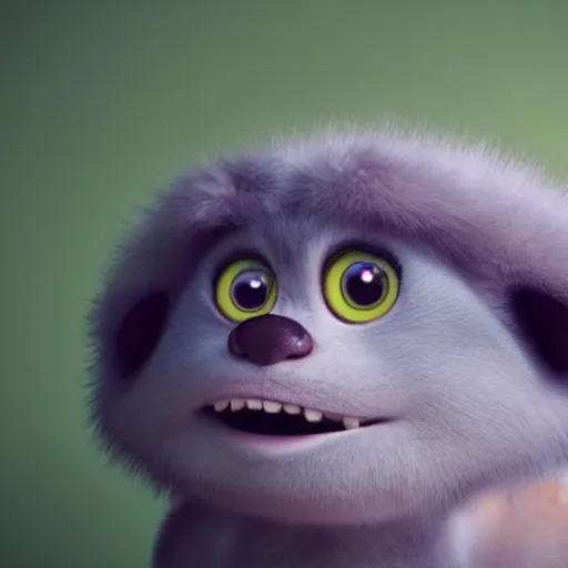 Image similar to a cute little baby monster with long fur, portrait, pixar style, extremely realistic photo, heaven background, cinematic lighting, award winning creature portrait photography