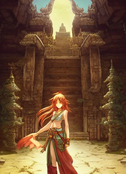 Image similar to character portrait of the emerald herald at a desert temple, hidari, color page, tankoban, 4K, tone mapping, Akihiko Yoshida.