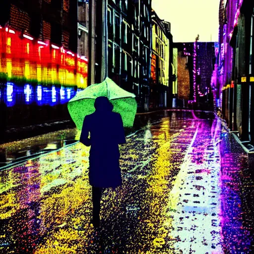 Prompt: small street full of neon light banners, multi colored pebbles on the road, a man with a black umbrella walks towards a young lady robot, rainy day, stylographic drawing style, kurekolor