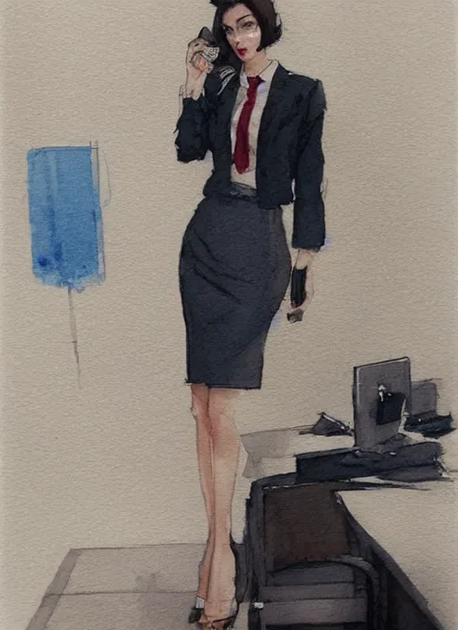 Image similar to concept art of a modern office life, young attractive business woman, pencil miniskirt, pinterest, artstation trending, behance, watercolor, by coby whitmore, silver, laser light,